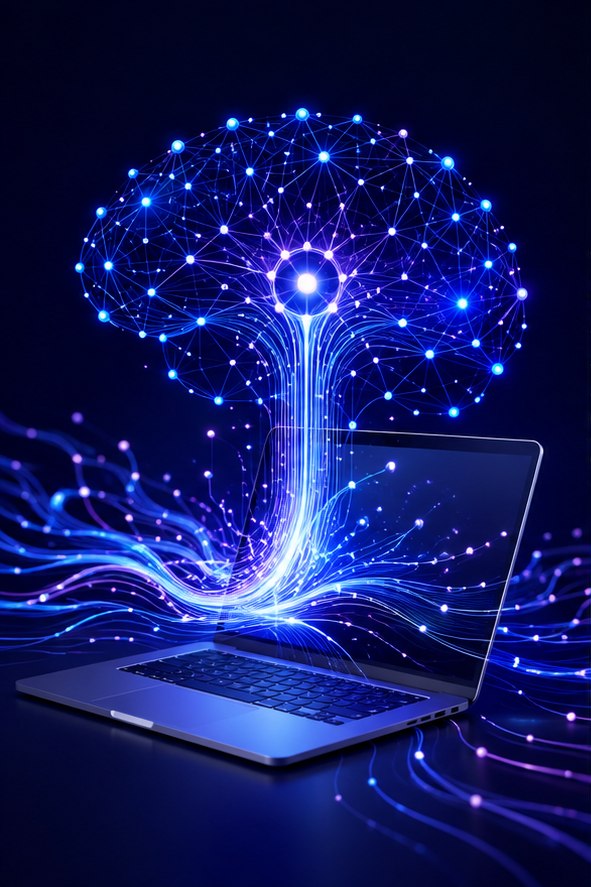 Glowing artificial intelligence network rising from a laptop
