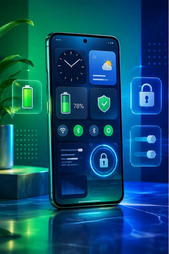 Colorful Android-style phone surrounded by battery, Wi-Fi and security controls