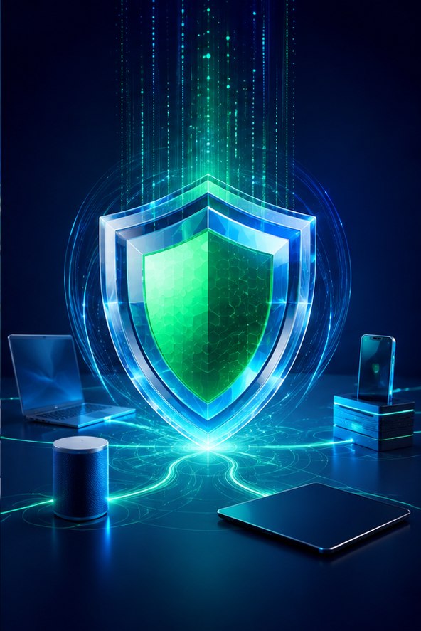 Glowing green security shield protecting connected devices and data